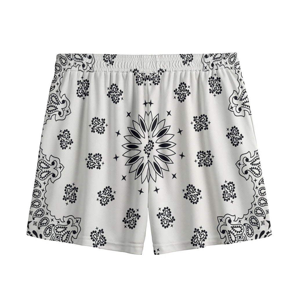 White Paisley Bandana Print Mesh Shorts