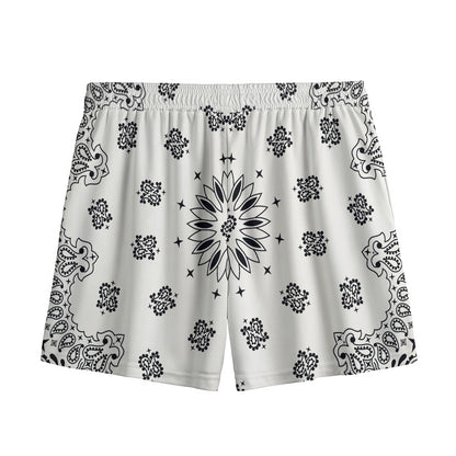 White Paisley Bandana Print Mesh Shorts