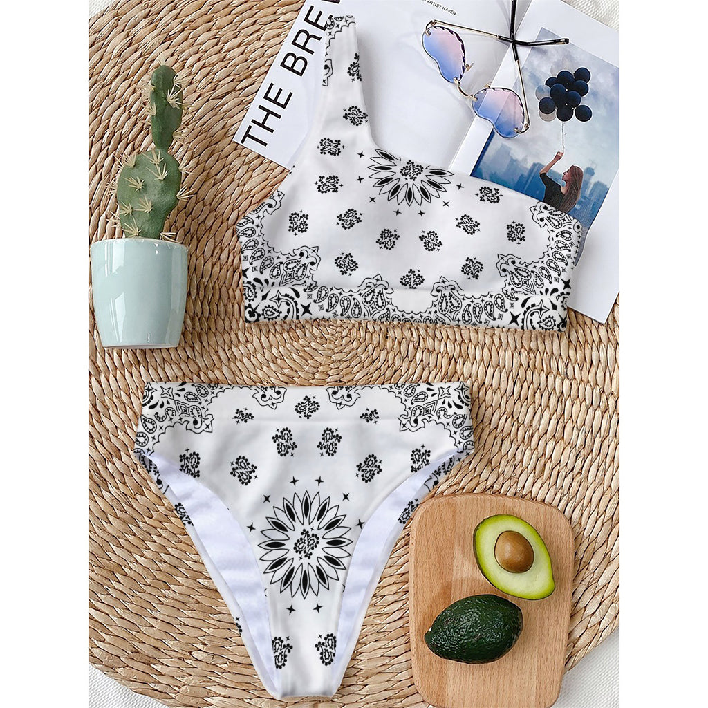 White Paisley Bandana Print One Shoulder Bikini Top