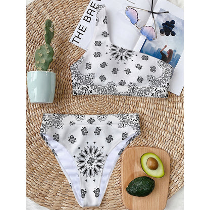 White Paisley Bandana Print One Shoulder Bikini Top