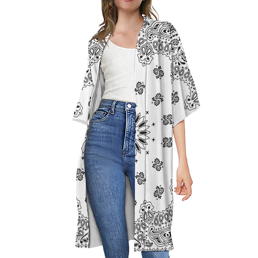 White Paisley Bandana Print Open Front Beach Cover Up