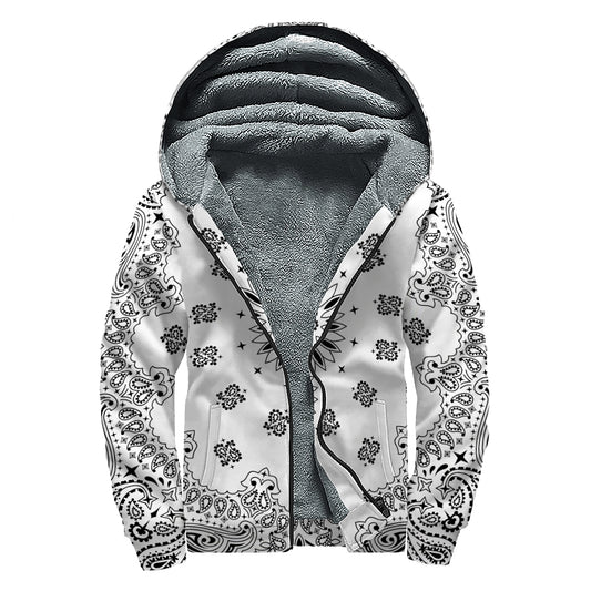 White Paisley Bandana Print Sherpa Lined Zip Up Hoodie