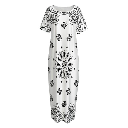White Paisley Bandana Print Short Sleeve Long Nightdress
