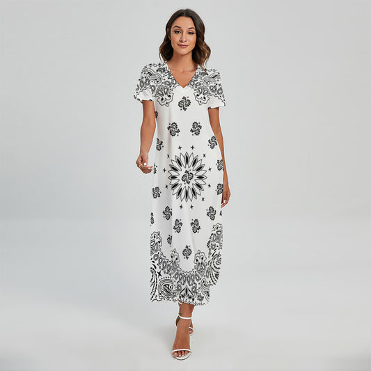 White Paisley Bandana Print Short Sleeve Maxi Dress
