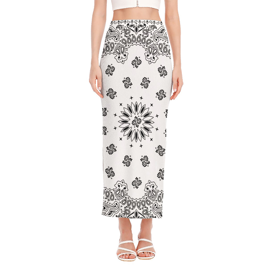White Paisley Bandana Print Side Slit Maxi Skirt