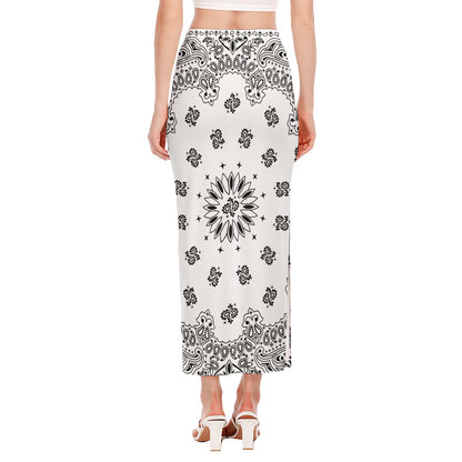 White Paisley Bandana Print Side Slit Maxi Skirt