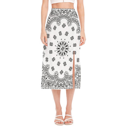 White Paisley Bandana Print Side Slit Midi Skirt