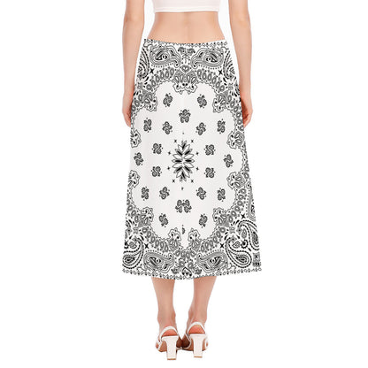 White Paisley Bandana Print Side Slit Midi Skirt