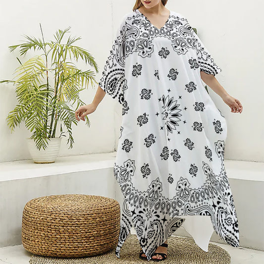 White Paisley Bandana Print Silk V-Neck Kaftan Dress
