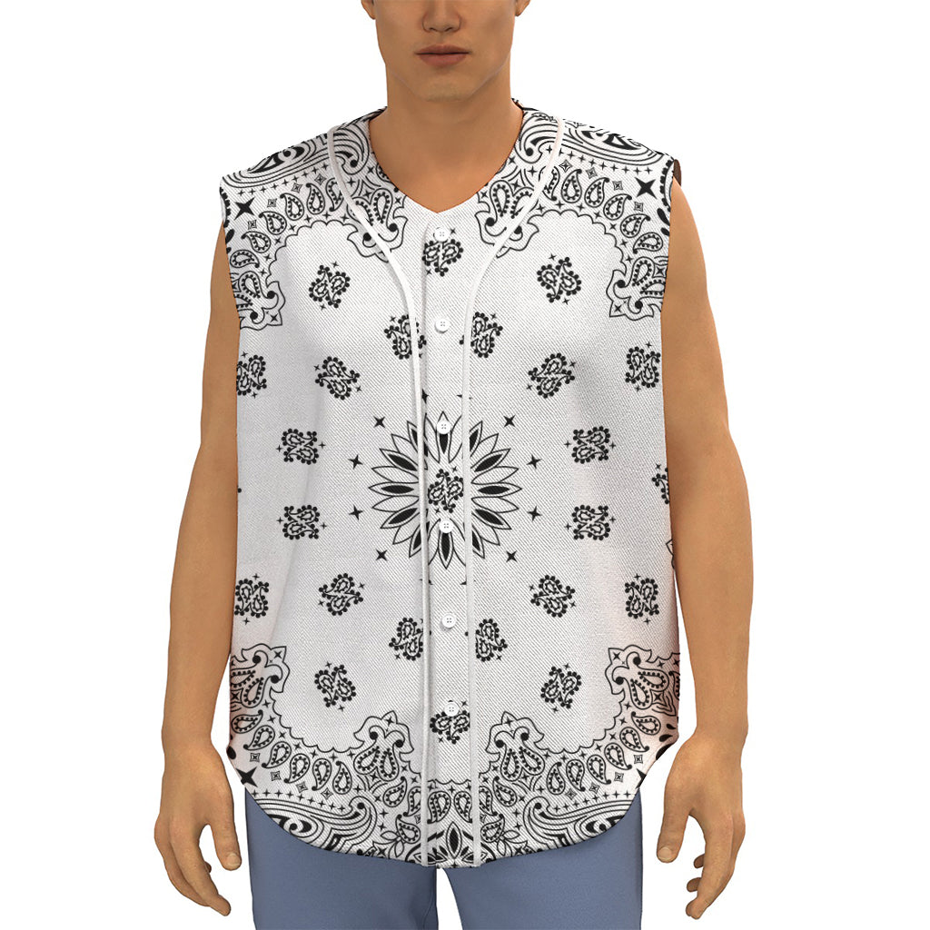 White Paisley Bandana Print Sleeveless Baseball Jersey