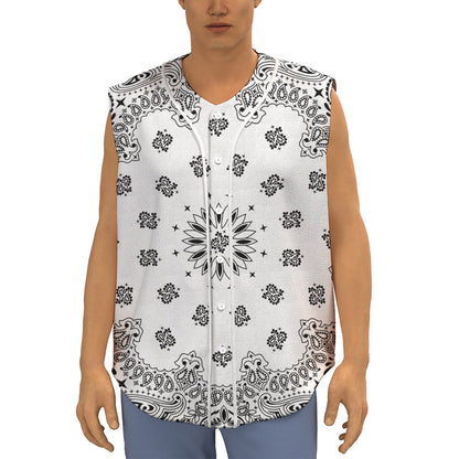 White Paisley Bandana Print Sleeveless Baseball Jersey