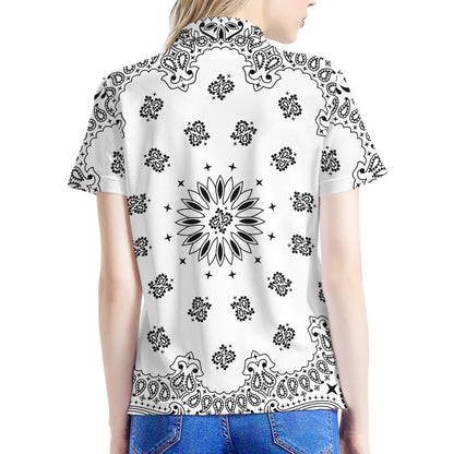 White Paisley Bandana Print Women's Polo Shirt