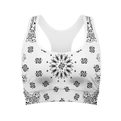 White Paisley Bandana Print Women's Sports Bra