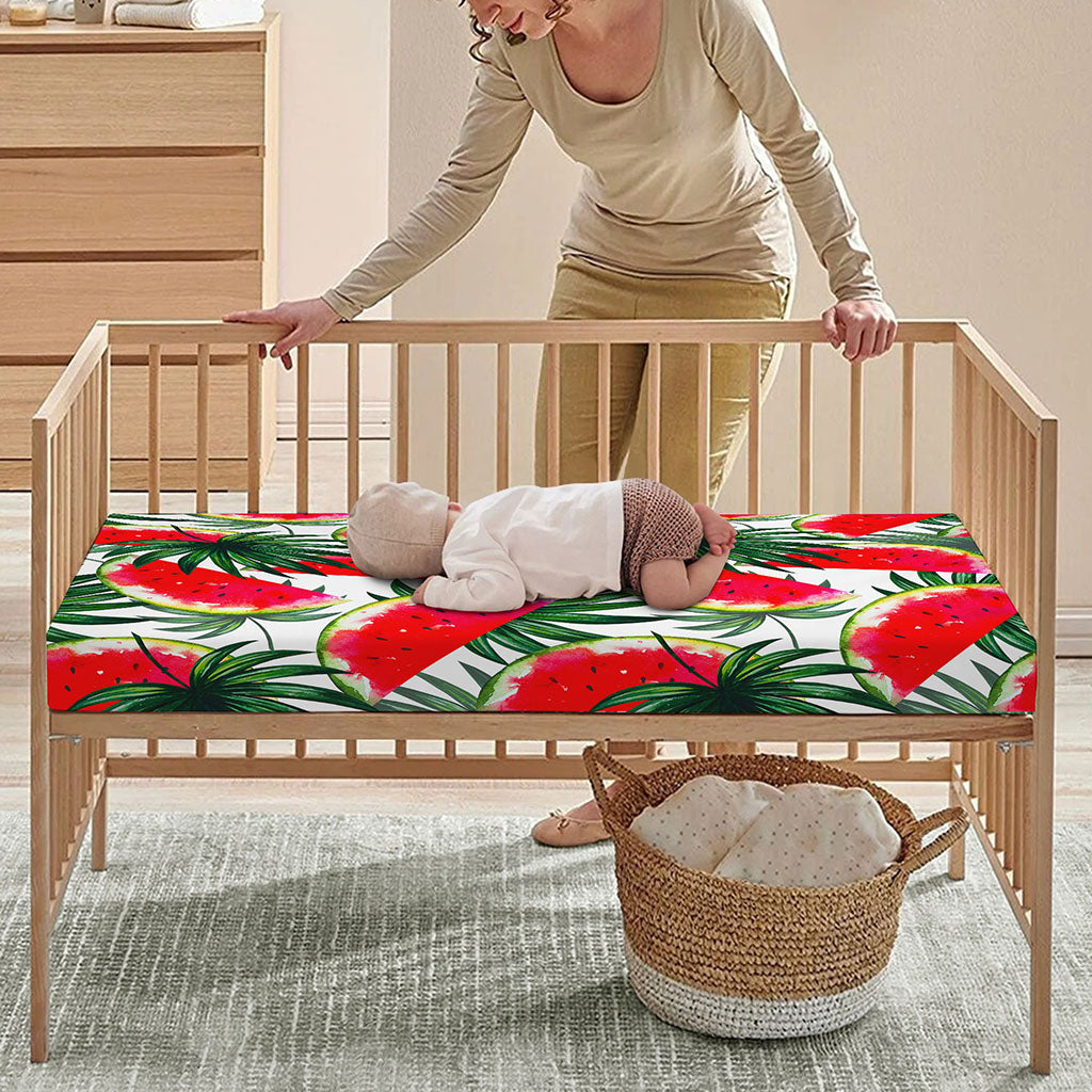 White Palm Leaf Watermelon Pattern Print Baby Crib Sheet