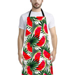 White Palm Leaf Watermelon Pattern Print Bib Apron With Pocket