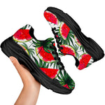 White Palm Leaf Watermelon Pattern Print Black Chunky Shoes