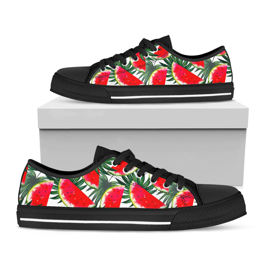 White Palm Leaf Watermelon Pattern Print Black Low Top Sneakers