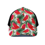 White Palm Leaf Watermelon Pattern Print Black Mesh Trucker Cap