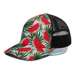 White Palm Leaf Watermelon Pattern Print Black Mesh Trucker Cap