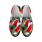 White Palm Leaf Watermelon Pattern Print Black Slip On Sneakers