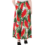 White Palm Leaf Watermelon Pattern Print Chiffon Maxi Skirt