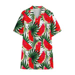 White Palm Leaf Watermelon Pattern Print Cotton Hawaiian Shirt