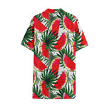 White Palm Leaf Watermelon Pattern Print Cotton Hawaiian Shirt