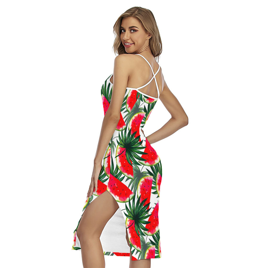 White Palm Leaf Watermelon Pattern Print Cross Back Cami Dress