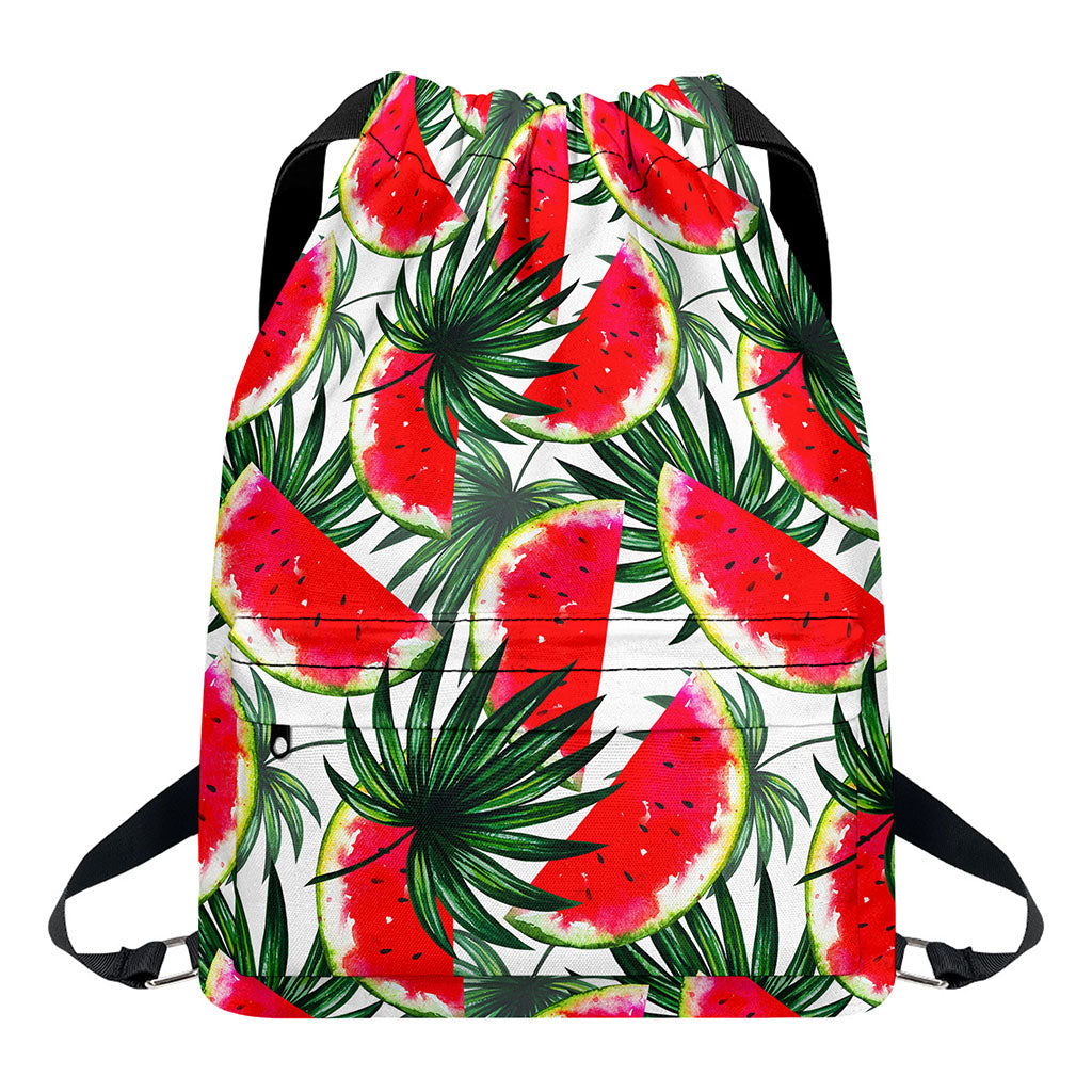 White Palm Leaf Watermelon Pattern Print Drawstring Backpack