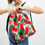 White Palm Leaf Watermelon Pattern Print Drawstring Backpack
