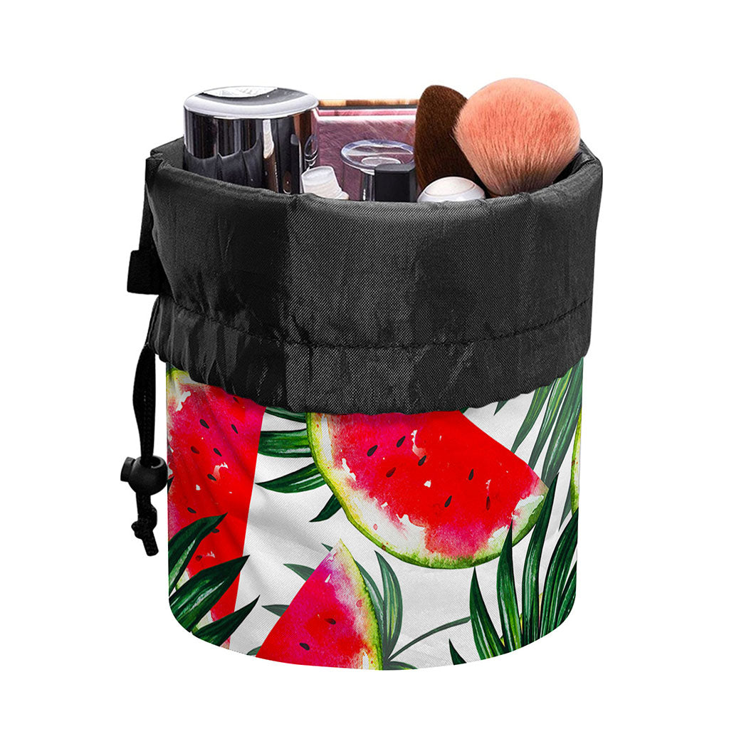 White Palm Leaf Watermelon Pattern Print Drawstring Makeup Bag
