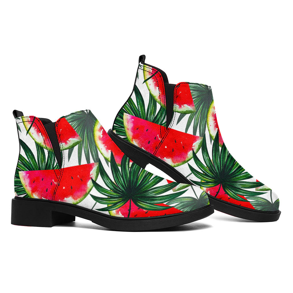 White Palm Leaf Watermelon Pattern Print Flat Ankle Boots