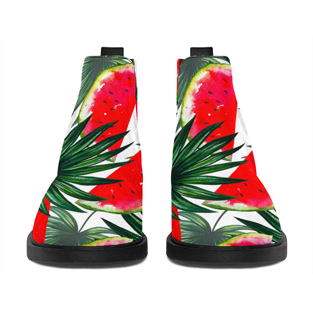 White Palm Leaf Watermelon Pattern Print Flat Ankle Boots