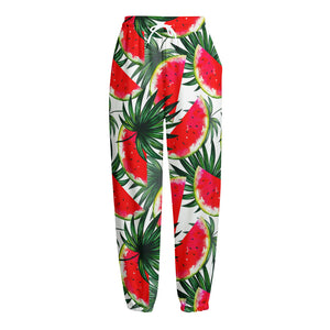 White Palm Leaf Watermelon Pattern Print Fleece Lined Knit Pants