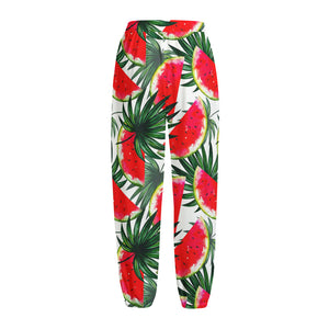 White Palm Leaf Watermelon Pattern Print Fleece Lined Knit Pants