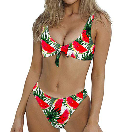 White Palm Leaf Watermelon Pattern Print Front Bow Tie Bikini