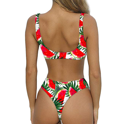 White Palm Leaf Watermelon Pattern Print Front Bow Tie Bikini