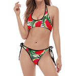 White Palm Leaf Watermelon Pattern Print Halter Scoop Tie Side Bikini