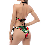 White Palm Leaf Watermelon Pattern Print Halter Scoop Tie Side Bikini