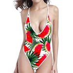 White Palm Leaf Watermelon Pattern Print High Cut One Piece Swimsuit
