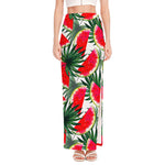 White Palm Leaf Watermelon Pattern Print High Slit Maxi Skirt