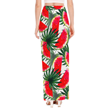 White Palm Leaf Watermelon Pattern Print High Slit Maxi Skirt