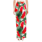 White Palm Leaf Watermelon Pattern Print High Slit Maxi Skirt