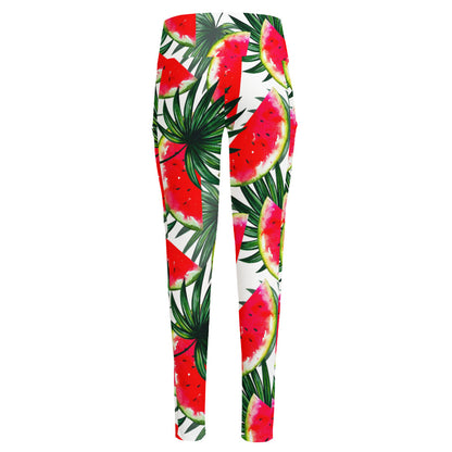 White Palm Leaf Watermelon Pattern Print High-Waisted Pocket Leggings