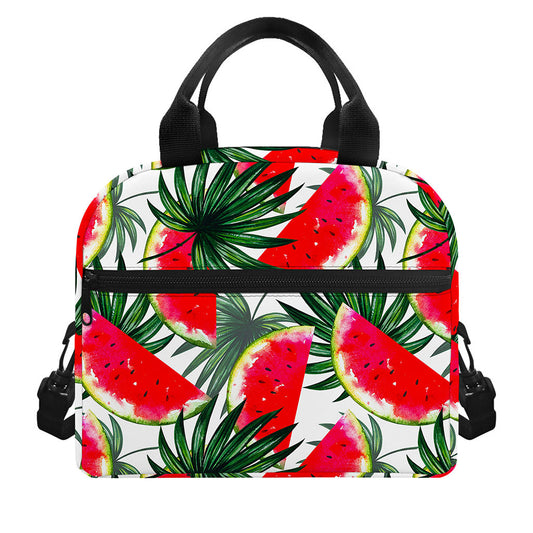 White Palm Leaf Watermelon Pattern Print Insulated Lunch Bag