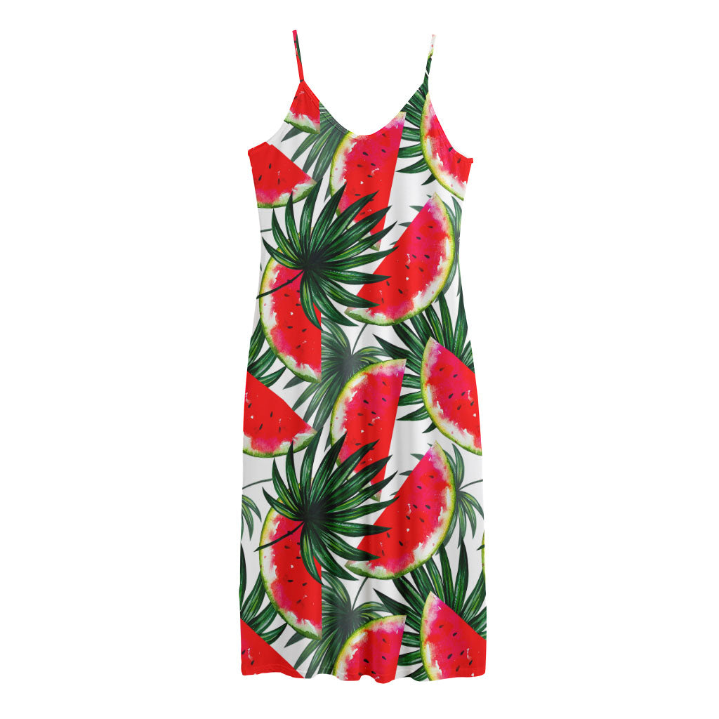 White Palm Leaf Watermelon Pattern Print Jersey Midi Cami Dress