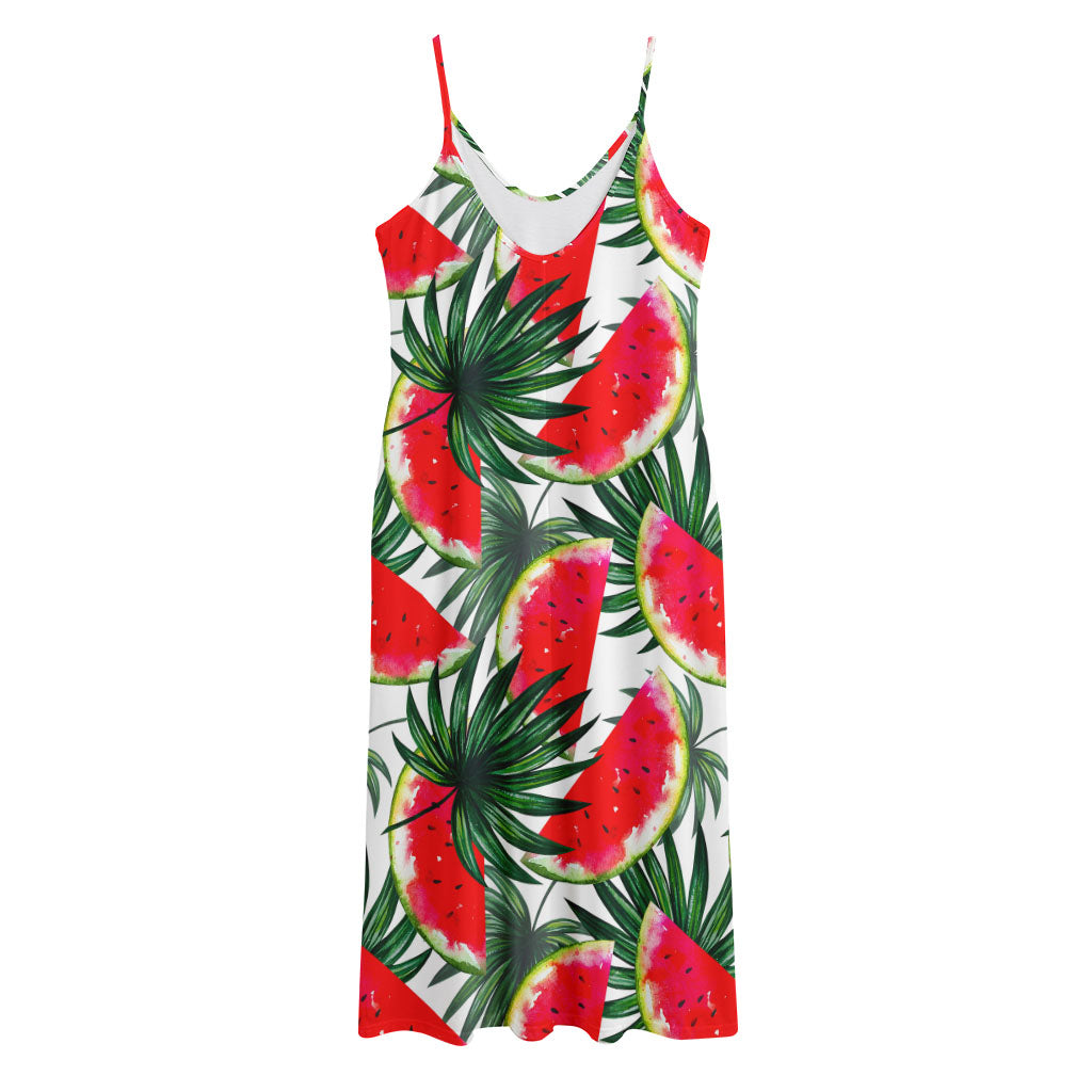 White Palm Leaf Watermelon Pattern Print Jersey Midi Cami Dress