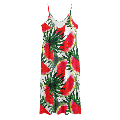 White Palm Leaf Watermelon Pattern Print Jersey Midi Cami Dress
