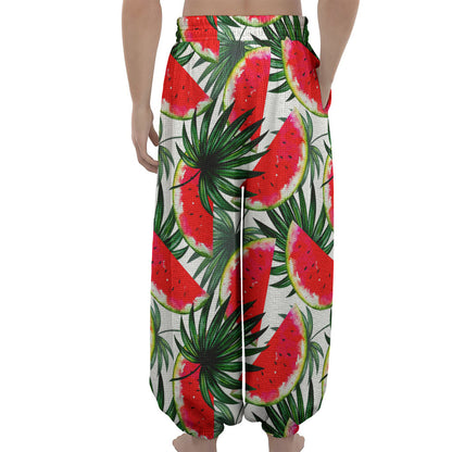 White Palm Leaf Watermelon Pattern Print Lantern Pants