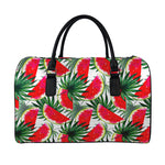 White Palm Leaf Watermelon Pattern Print Leather Duffle Bag